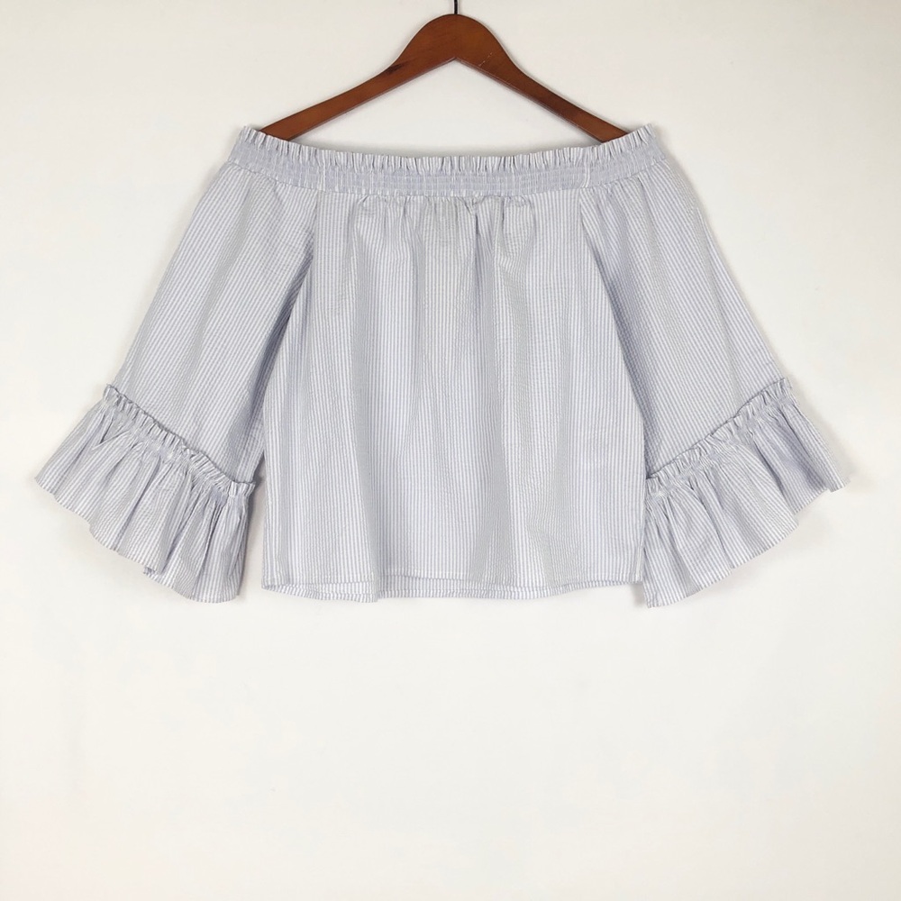 NEW Banana Republic Off The Shoulder Poplin Long Sleeve Ruffle Stripe Blue White
